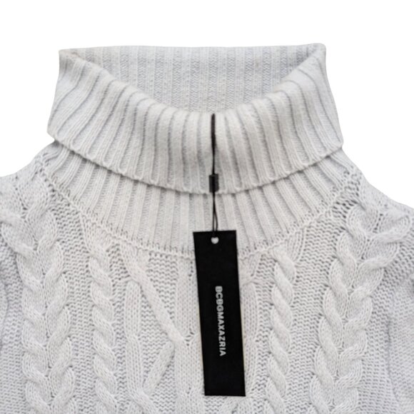 BCBGMaxAzria Puff Sleeve Pom Sweater Womens Ice Blue Turtleneck Cable Knit Sz XS - Picture 3 of 9